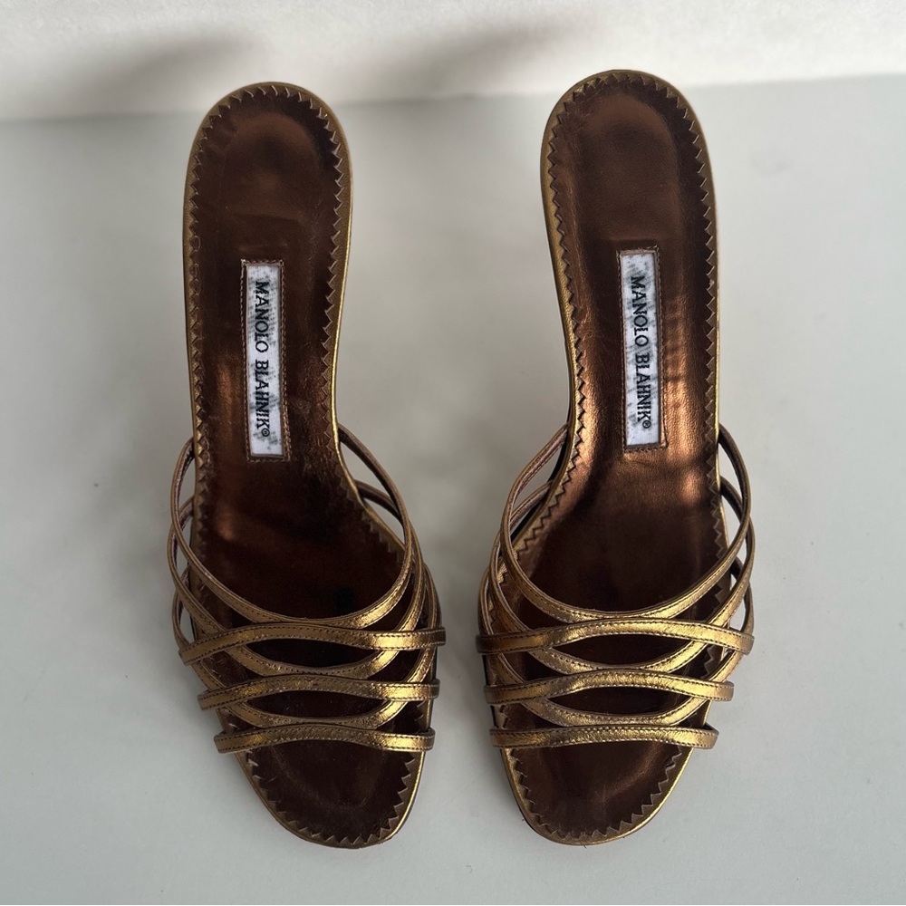 Manolo Blahnik Metallic Gold Strappy Slide Heels - Picture 3 of 6